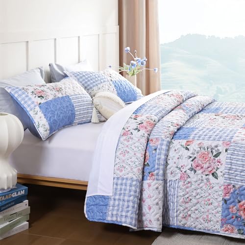 YIKUSH Floral Quilt Set King Size – Ultra Soft Lightweight Bedspread, 3 Piece Blue Bedding Set (104"x90") with Pillowcases (20"*36"), All Season Coverlet for Bedroom & Guest Room - Image 2