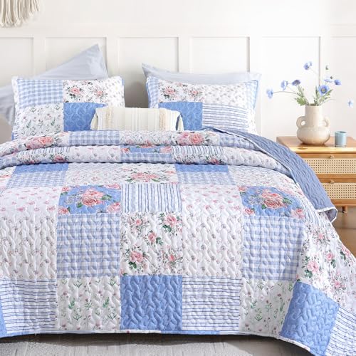 YIKUSH Floral Quilt Set King Size – Ultra Soft Lightweight Bedspread, 3 Piece Blue Bedding Set (104"x90") with Pillowcases (20"*36"), All Season Coverlet for Bedroom & Guest Room - Image 1