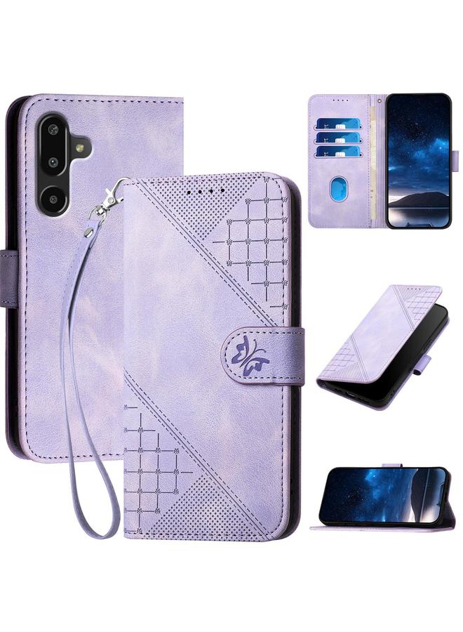 اس-توب جراب لهاتف Samsung Galaxy F16 5G / M16 5G، جراب هاتف جلدي منقوش بنقشة فراشة شبكية مع حبل - Image 1