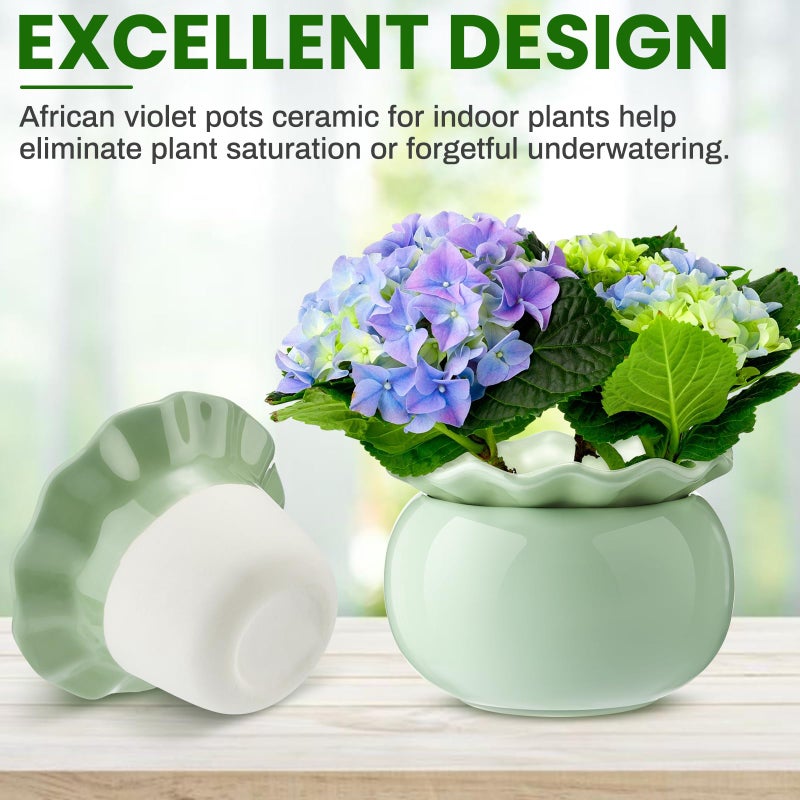 Suclain 2 Pack Ceramic African Violet Pots Self Watering Plant Pot Effortless Self Watering Plant Flower for Busy Lovers, Indoor(Green,6 Inch) - Image 3