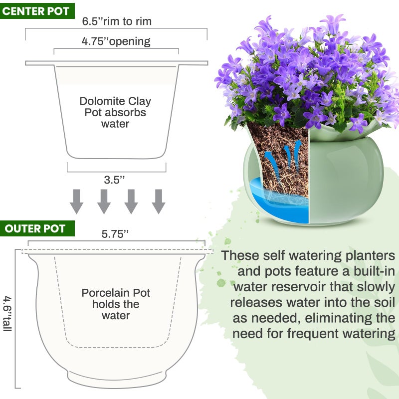 Suclain 2 Pack Ceramic African Violet Pots Self Watering Plant Pot Effortless Self Watering Plant Flower for Busy Lovers, Indoor(Green,6 Inch) - Image 2