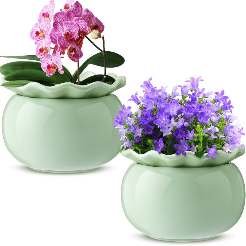 Suclain 2 Pack Ceramic African Violet Pots Self Watering Plant Pot Effortless Self Watering Plant Flower for Busy Lovers, Indoor(Green,6 Inch) - Image 1