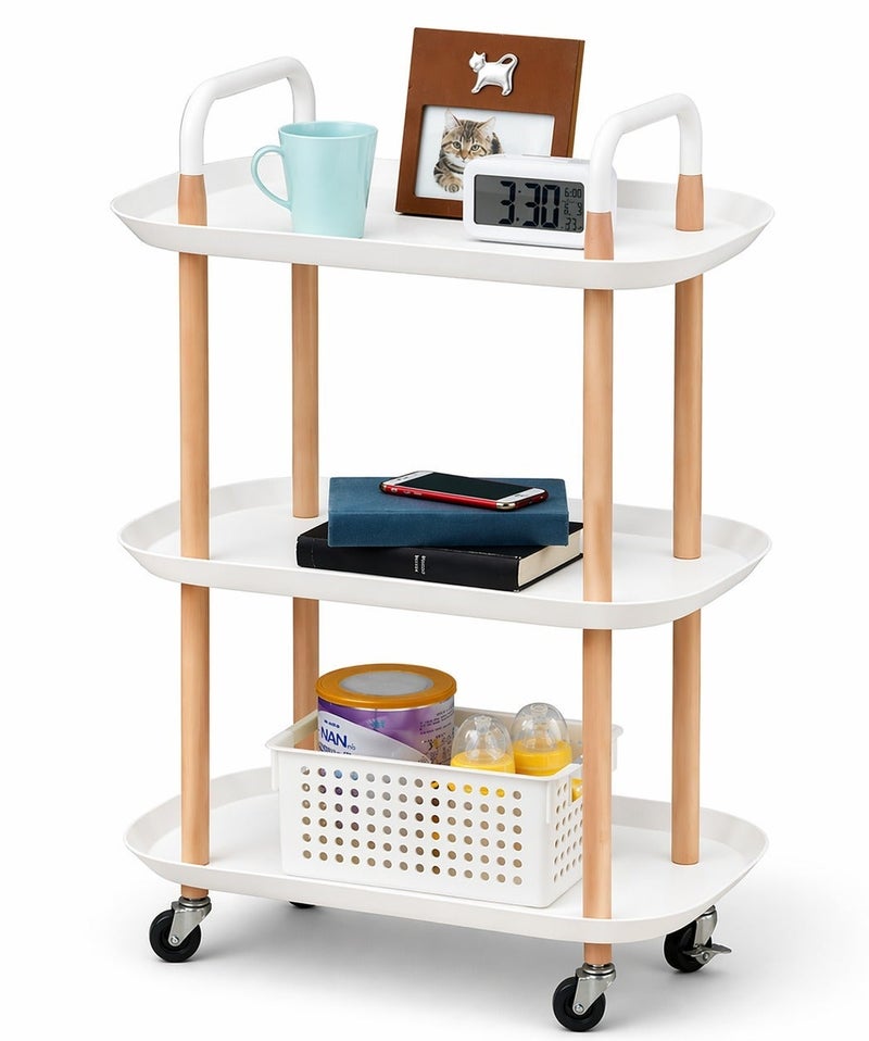 O2. White 3-Tier Storage Trolley and Shelving Organizer with Wheels for Versatile Use - Image 1