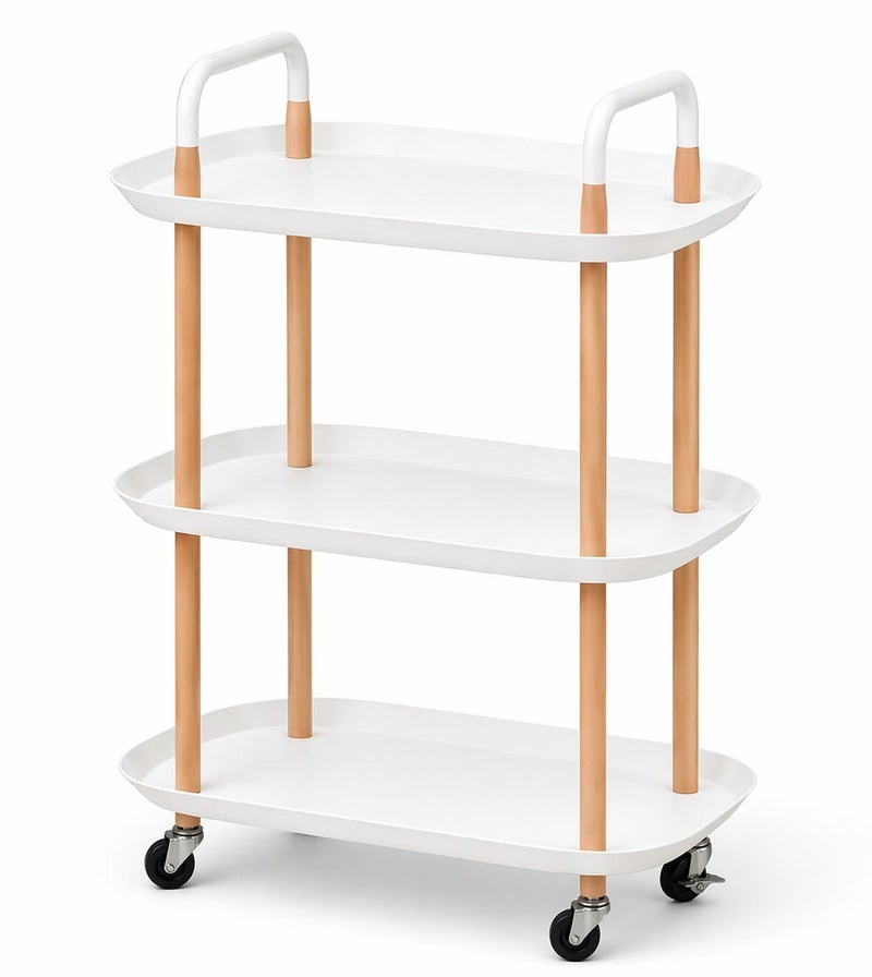 O2. White 3-Tier Storage Trolley and Shelving Organizer with Wheels for Versatile Use - Image 2