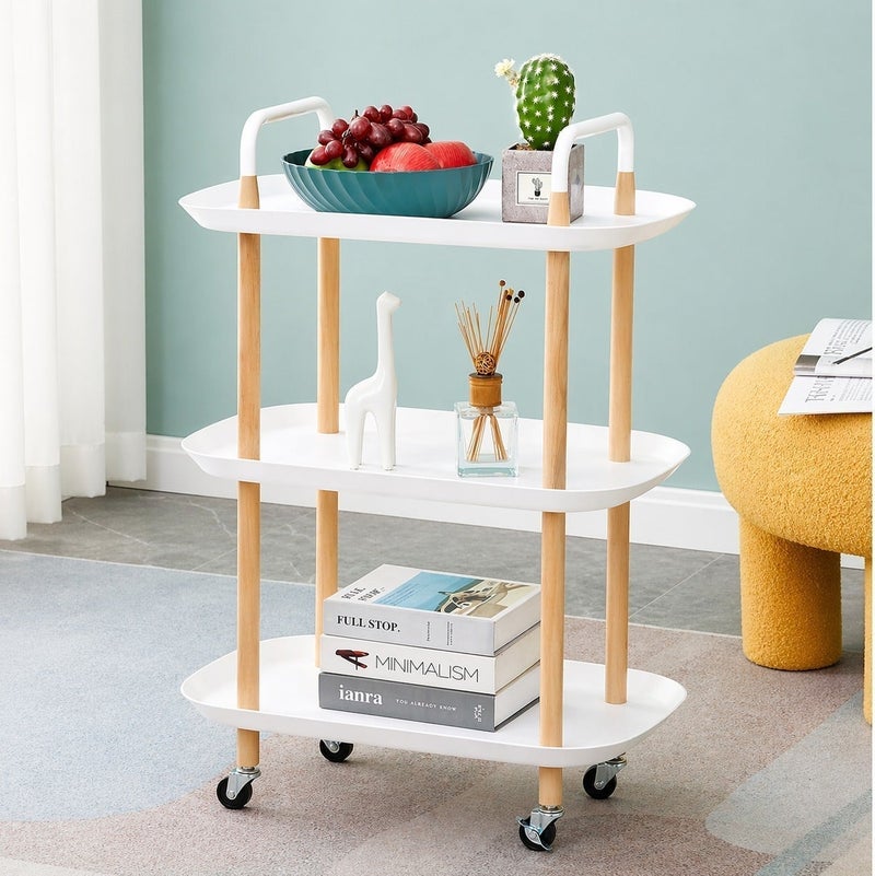 O2. White 3-Tier Storage Trolley and Shelving Organizer with Wheels for Versatile Use - Image 4