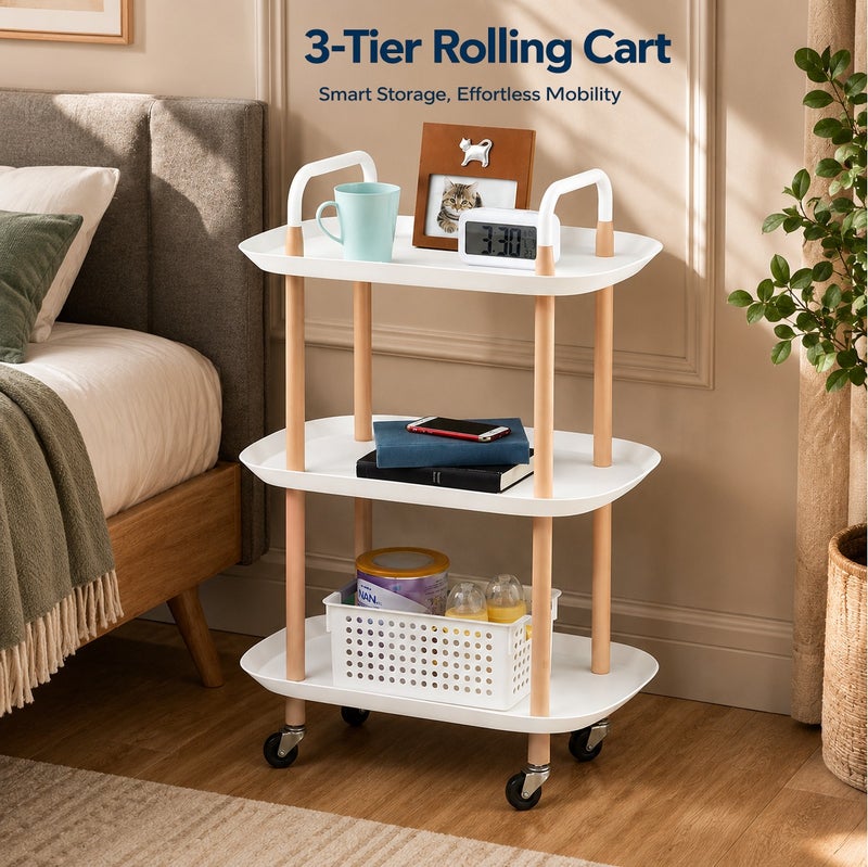 O2. White 3-Tier Rolling Utility Cart with 4 Wheels and Handles, Mobile Storage Trolley Shelving Organizer for Kitchen, Bathroom, Bedroom, Office and Laundry Room - Image 1
