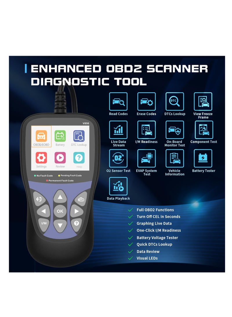 أداة فحص السيارات OBD2، قارئ شيفرة المحرك وإعادة الضبط، جهاز اختبار البطارية، قارئ لمبة فحص المحرك مع عرض ملون وبيانات حية، ممحاة الشيفرات للاستخدام الآلي. - Image 3