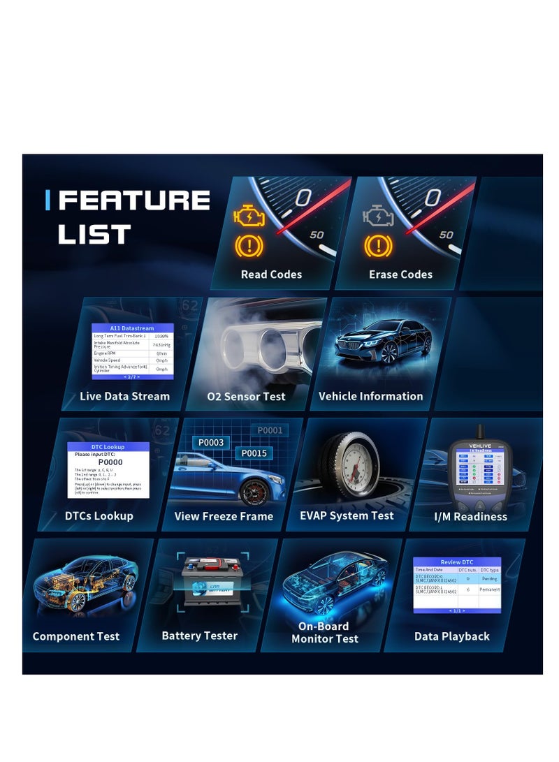 أداة فحص السيارات OBD2، قارئ شيفرة المحرك وإعادة الضبط، جهاز اختبار البطارية، قارئ لمبة فحص المحرك مع عرض ملون وبيانات حية، ممحاة الشيفرات للاستخدام الآلي. - Image 4
