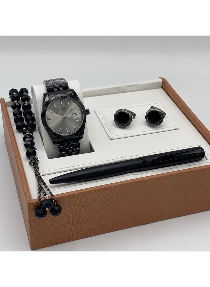 Men's set from Carnaer, consisting of fuor pieces: a watch, a pen, cufflinks, and a rosary.