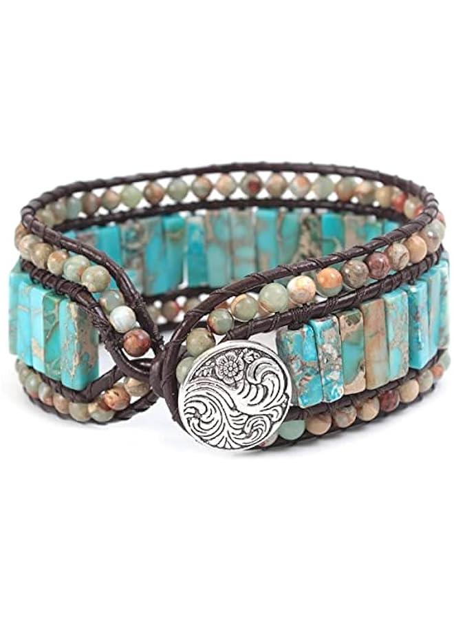 Arabest Handmade Single Wide Women's Wrap Bracelet Jasper Beaded Healing Gemstone Beads Leather Boho Bracelet  - Image 1