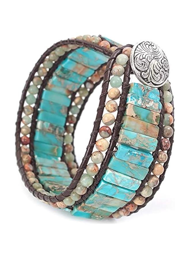 Arabest Handmade Single Wide Women's Wrap Bracelet Jasper Beaded Healing Gemstone Beads Leather Boho Bracelet  - Image 2
