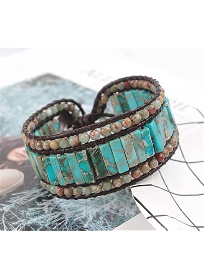 Arabest Handmade Single Wide Women's Wrap Bracelet Jasper Beaded Healing Gemstone Beads Leather Boho Bracelet  - Image 3