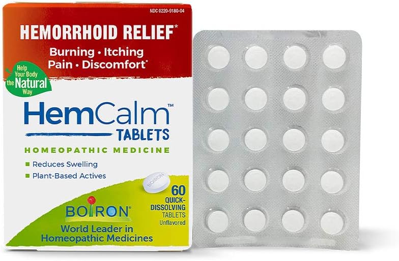 Boiron Boiron Hemcalm hemorrhoid Relief Tablets for Itchy Burning Pain, Swelling and discomfort, White, 60 Count 