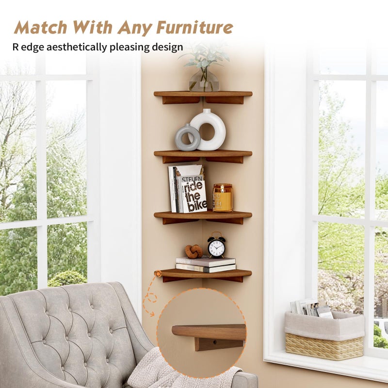 Forbena Walnut Brown Floating Corner Shelves for Wall 4-Pack, Small Corner Wall Shelves for Kids Room, Cute Wooden Hanging Corner Shelf for Bedroom Bathroom Decor, Living Room, Small Spaces - Image 5