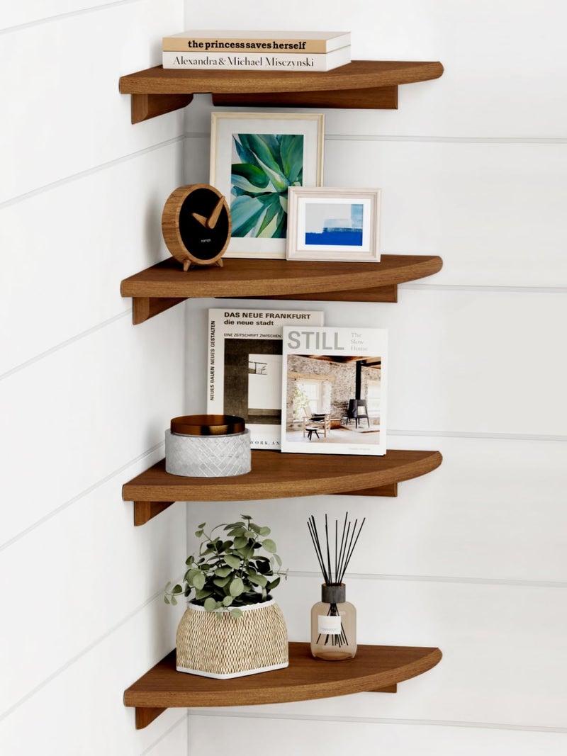 Forbena Walnut Brown Floating Corner Shelves for Wall 4-Pack, Small Corner Wall Shelves for Kids Room, Cute Wooden Hanging Corner Shelf for Bedroom Bathroom Decor, Living Room, Small Spaces - Image 1