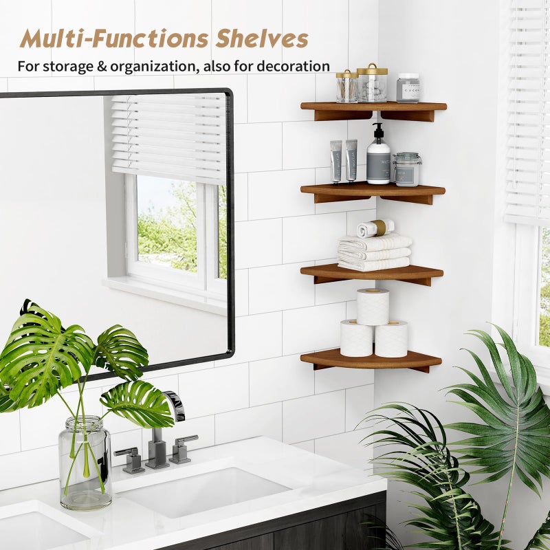 Forbena Walnut Brown Floating Corner Shelves for Wall 4-Pack, Small Corner Wall Shelves for Kids Room, Cute Wooden Hanging Corner Shelf for Bedroom Bathroom Decor, Living Room, Small Spaces - Image 2