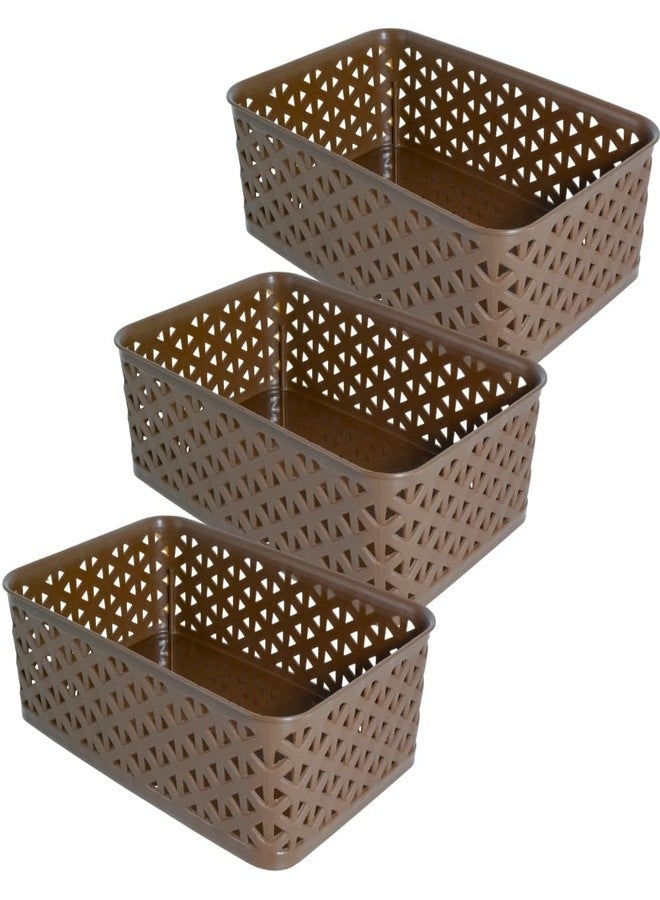 Morvi Libra-2 Multi-Purpose Plastic Storage Basket|Stackable Organizer Tokri For Home,Kitchen,Bathroom & Office|Ideal For Toys,Clothes,Cosmetics,Stationery|Set Of 3|Brown - Image 1