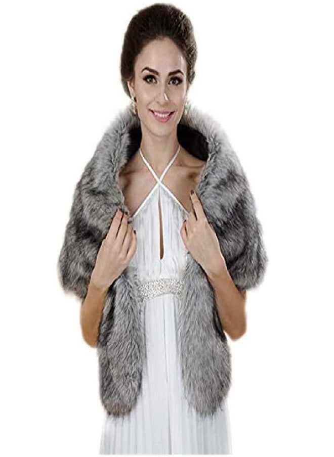 Aukmla - Aukmla Women's Brown Faux Fur Shawl Wedding Fur Wraps and Shawls Bridal Fur Stoles Scarf with Rhinestones Brooch for Bride and Bridesmaids (Grey, US 4-14 (S-M)) - Image 1
