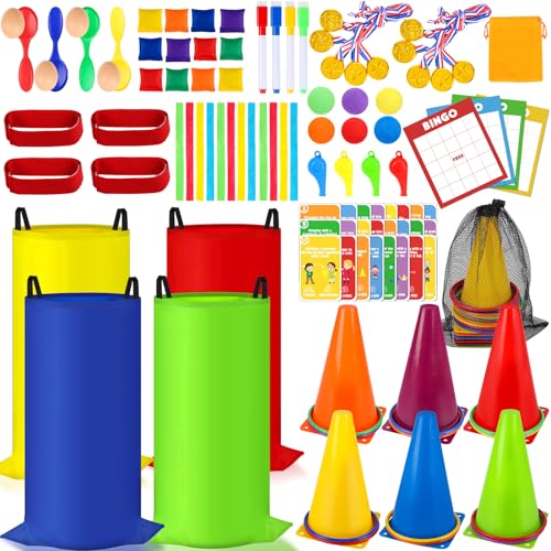 KUBUSFLY Potato Sack Race Bags 116 Pcs Outdoor Carnival Games for Kids Lawn Field Day Games Set with Bean Bags Ring Toss Cones Bingo Cards Carnival Yard for Family Adults Kids Birthday Party - Image 1