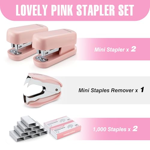 WORKPRO Mini Stapler with Staples, Pink Stapler Set Includes Two Small Staplers, One Staple Remover, 2000 Standard Staples - Cute Staplers for Desk with Non-Slip Base, Lock Design - Pink Ribbon - Image 2