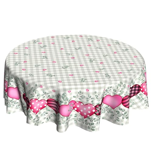 VentuCoven Valentine Tablecloth Round Tablecloth 60 inch Eucalyptus Leaves Table Cloth Round Pink Heart Circle Table Cloth for Kitchen Dining Wedding Gift Valentines Sweet Love Plaid - Image 1