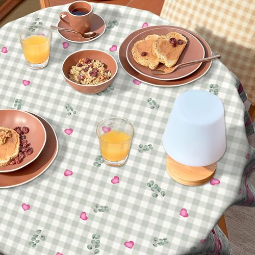 VentuCoven Valentine Tablecloth Round Tablecloth 60 inch Eucalyptus Leaves Table Cloth Round Pink Heart Circle Table Cloth for Kitchen Dining Wedding Gift Valentines Sweet Love Plaid - Image 5