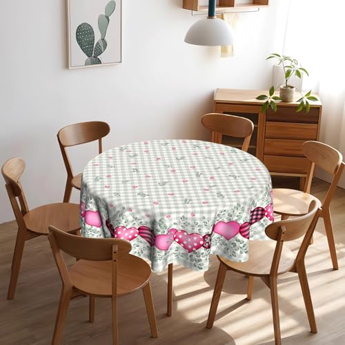 VentuCoven Valentine Tablecloth Round Tablecloth 60 inch Eucalyptus Leaves Table Cloth Round Pink Heart Circle Table Cloth for Kitchen Dining Wedding Gift Valentines Sweet Love Plaid - Image 3