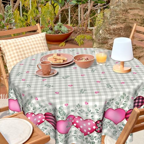 VentuCoven Valentine Tablecloth Round Tablecloth 60 inch Eucalyptus Leaves Table Cloth Round Pink Heart Circle Table Cloth for Kitchen Dining Wedding Gift Valentines Sweet Love Plaid - Image 4