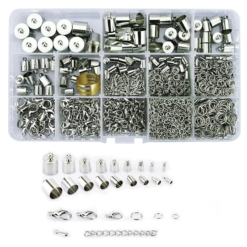 Lollibeads 1000 Pcs Silver Plated Barrel Leather Cord Ends Cord End Cap 3mm12mm Lobster Clasp 10mm 12mm 14mmjump ring 5mm8mm jump ring open tool and Extension Chains Kits Assorted Pack