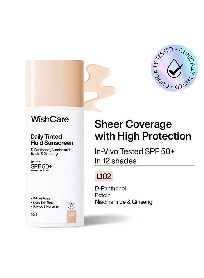 WishCare Daily Fluid Tinted Sunscreen SPF50 PA++++| L102 | Broad Spectrum Protection for all skin types | In-Vivo Tested Tinted Sun Screen | D-Panthenol, Niacinamide, Ectoin & Ginseng | Evens & Protects | 50ml - Image 1
