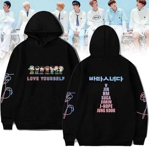 Teiniuby K-pop Women Men Hoodie Love Yourself Sweatshirt Pullover Jungkook Jimin V Suga RM J-Hope Lightweight Jacket Sweater (Black,Medium) - Image 4