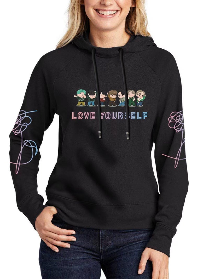 Teiniuby K-pop Women Men Hoodie Love Yourself Sweatshirt Pullover Jungkook Jimin V Suga RM J-Hope Lightweight Jacket Sweater (Black,Medium) - Image 1