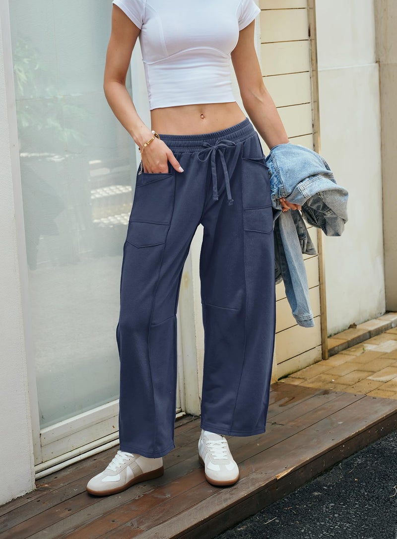 Yanekop Womens Baggy Wide Leg Pants Casual Fall Trousers Palazzo Pants Drawstring Waist Barrel Sweatpants with Pockets(Navy Blue,L) - Image 3