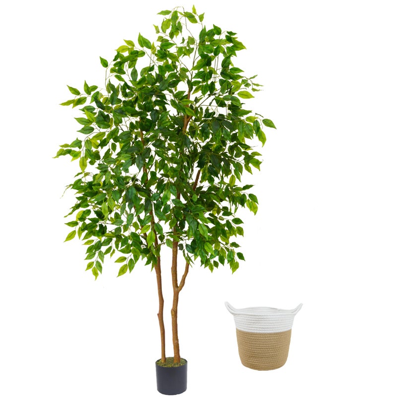Warmplants Artificial Ficus Tree, 6ft Tall Fake Ficus Tree with Basket, Faux Plant for Indoor Outdoor Home Livingroom Office Garden Porch DÃ©cor - Image 1