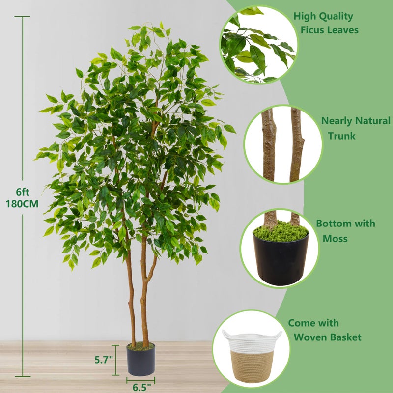 Warmplants Artificial Ficus Tree, 6ft Tall Fake Ficus Tree with Basket, Faux Plant for Indoor Outdoor Home Livingroom Office Garden Porch DÃ©cor - Image 3