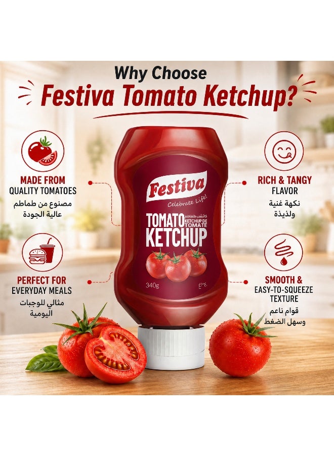 Festiva Premium Tomato Ketchup 340g Squeezy Upside Down Bottle - Rich Tomato Sauce for Burgers, Sandwiches, Fries and Snacks - Cooking and Dipping Sauce - Image 4