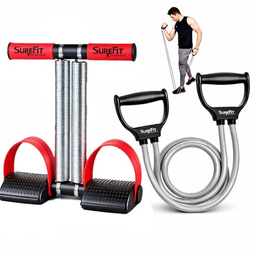 SUREFIT Double Spring Tummy Trimmer for Men & Women – Ab Exerciser with Foam Handle & Resistance Band – Full Body Fitness Combo Tool Kit for Abs, Legs, Arms, Chest & Home Gym Workout (Maroon) - Image 1
