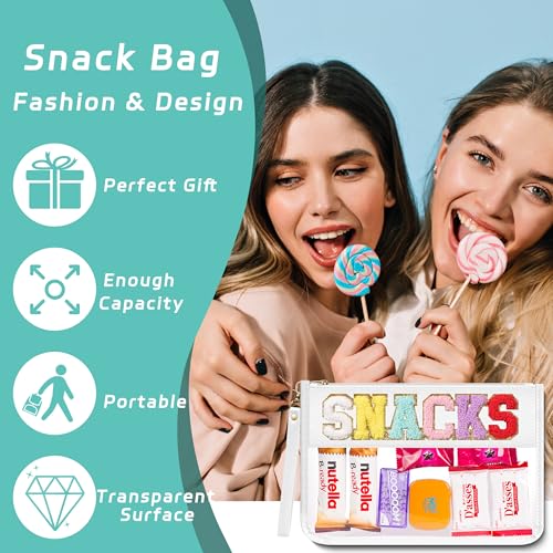 YEMEDA Clear Zipper Pouch PVC Waterproof Nylon Makeup Letter Bag for Women Girls Chenille Letter, for Travel, Cosmetic Bag, Snack Bags, Clear Stuff Bags, For Travel,（White-Snacks） - Image 4