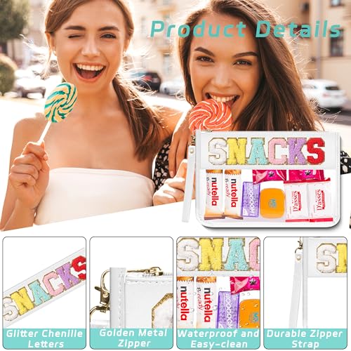 YEMEDA Clear Zipper Pouch PVC Waterproof Nylon Makeup Letter Bag for Women Girls Chenille Letter, for Travel, Cosmetic Bag, Snack Bags, Clear Stuff Bags, For Travel,（White-Snacks） - Image 3