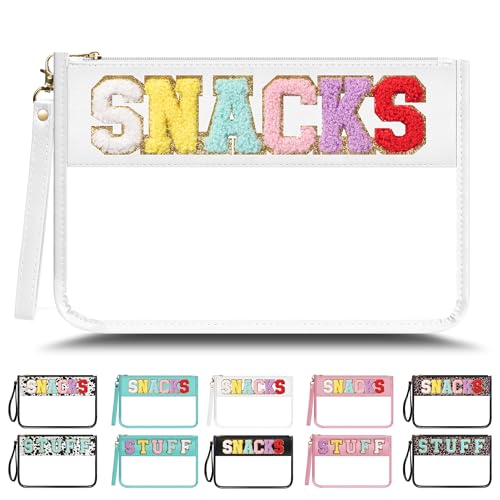 YEMEDA Clear Zipper Pouch PVC Waterproof Nylon Makeup Letter Bag for Women Girls Chenille Letter, for Travel, Cosmetic Bag, Snack Bags, Clear Stuff Bags, For Travel,（White-Snacks） - Image 1