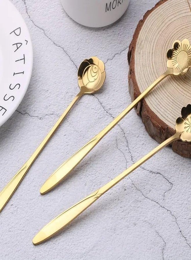 UMAAMAR ENTERPRISES Golden Spoon Set/Coffee Spoon/Dessert Spoons/Cutlery Kitchen Tableware/Stainless Steel Gold Different Shape Coffee Spoons, Set of 4 Pcs - Image 2