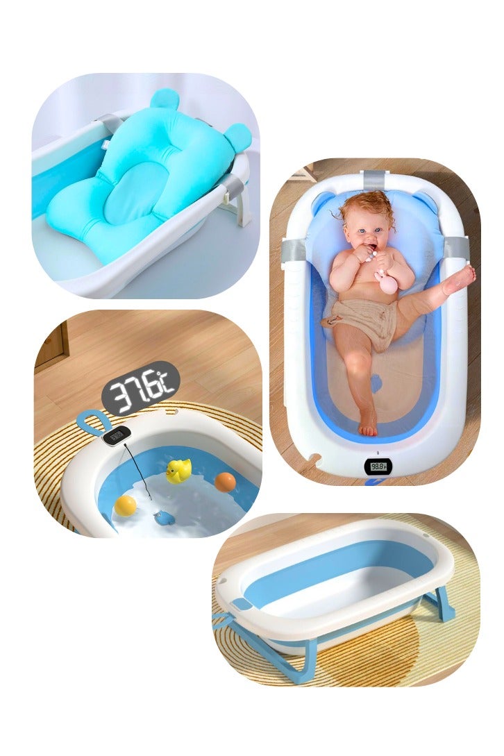 Chase Up Baby Foldable Bathing Tubs with Soft Bathmat Cushion & Thermometer, NewBorn Babybath Tub with Drain Hole, Non-Slip Support Leg for 0-6 Years Boy Girl (Blue) - Image 2