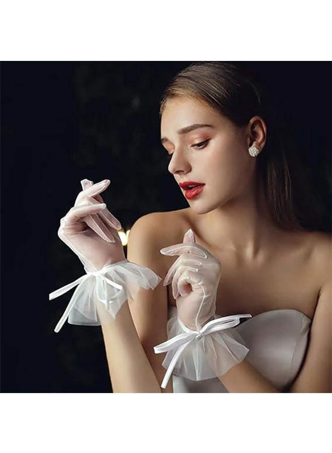 YJ Women Gloves Ruffled Tulle Mesh Gloves Wedding Bridal Short Gloves Tea Party Mesh Gloves Wrist Length Gloves Party Dance Gloves for Wedding Opera Evening Party - Image 5