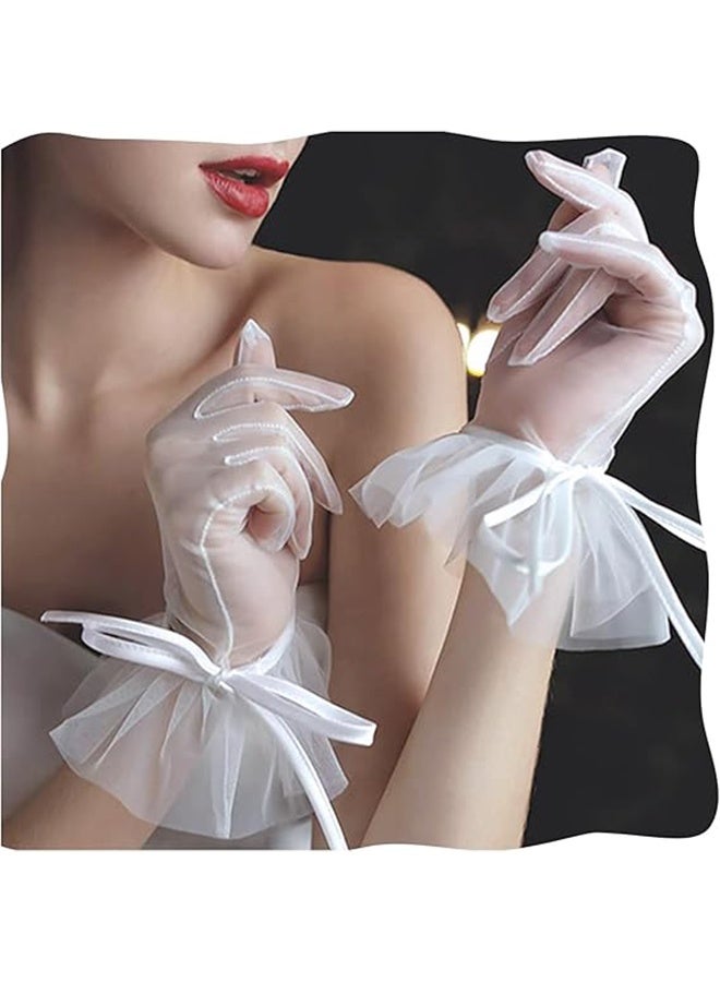 YJ Women Gloves Ruffled Tulle Mesh Gloves Wedding Bridal Short Gloves Tea Party Mesh Gloves Wrist Length Gloves Party Dance Gloves for Wedding Opera Evening Party - Image 1