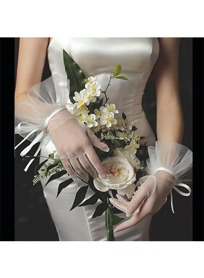 YJ Women Gloves Ruffled Tulle Mesh Gloves Wedding Bridal Short Gloves Tea Party Mesh Gloves Wrist Length Gloves Party Dance Gloves for Wedding Opera Evening Party - Image 2