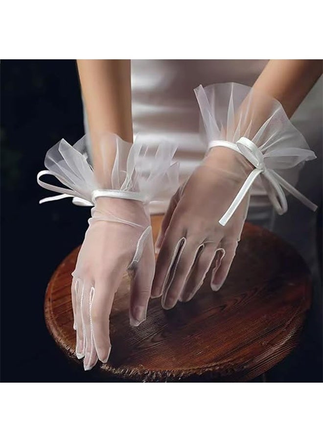 YJ Women Gloves Ruffled Tulle Mesh Gloves Wedding Bridal Short Gloves Tea Party Mesh Gloves Wrist Length Gloves Party Dance Gloves for Wedding Opera Evening Party - Image 4