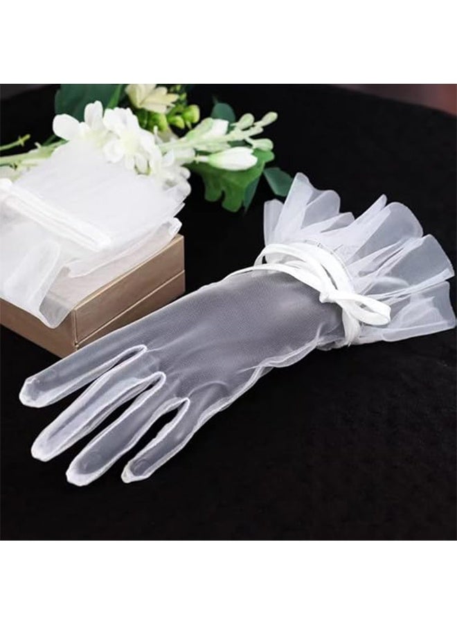 YJ Women Gloves Ruffled Tulle Mesh Gloves Wedding Bridal Short Gloves Tea Party Mesh Gloves Wrist Length Gloves Party Dance Gloves for Wedding Opera Evening Party - Image 3