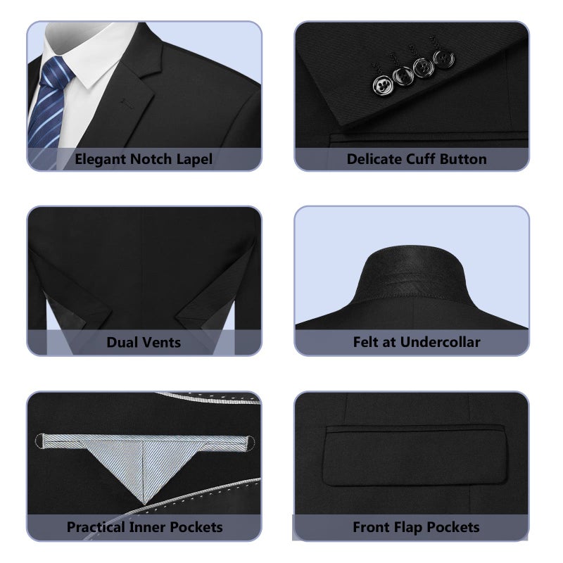 Cooper & Nelson Men's Suit Slim Fit, 3 Piece Suits for Men, One Button Jacket Vest Pants with Tie, Tuxedo Set Black M - Image 5