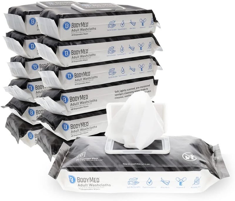BodyMed BodyMed Adult Disposable Incontinence Wipes, 48 Wipes/Pack (12-Pack) - Pre-Moistened & Hypoallergenic Washcloths Formulated with Vitamin E & Aloe Vera