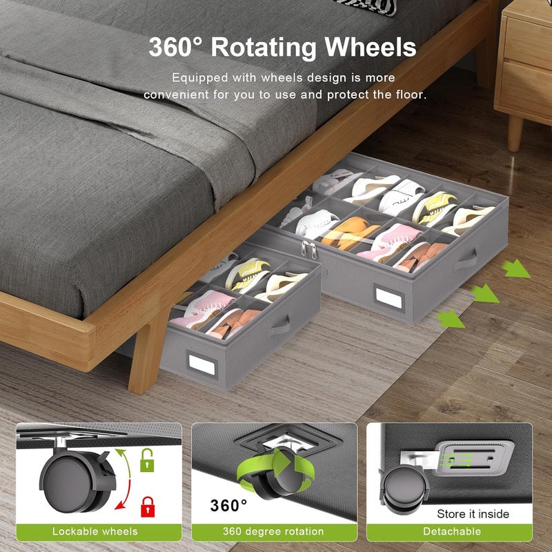 VERONLY Under Bed Shoe Storage Organiser with Wheels for Closet Fits 24 Pairs- Sturdy Underbed Shoe Storage Box Bins,Set of 2 (Grey) - Image 3